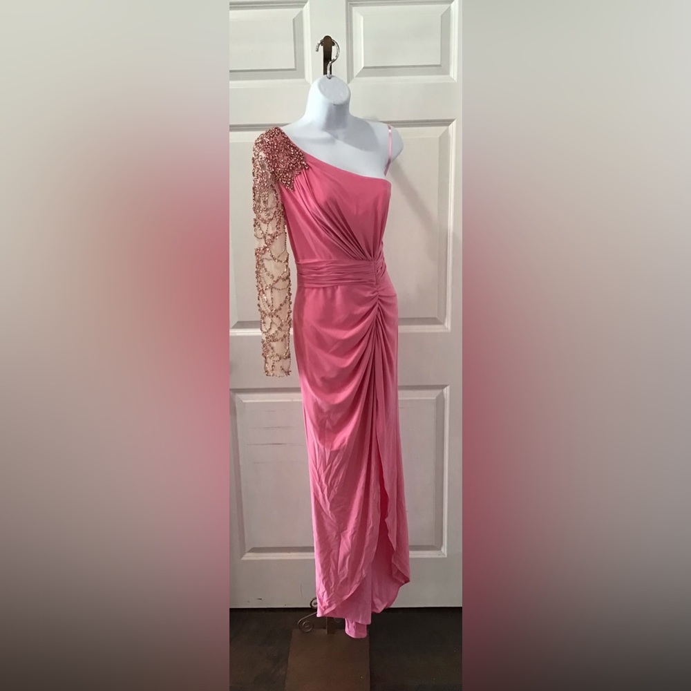 Mac Duggal Pink One-Shoulder Dress with Beaded Detail